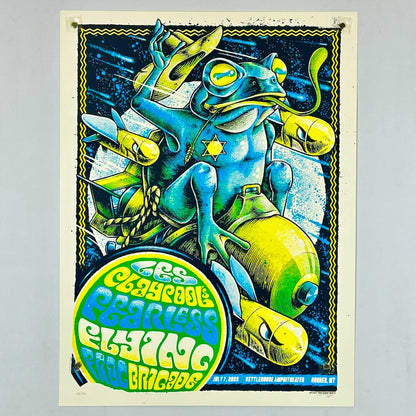 Colorful poster with a rodeo-stylized frog character on a gray background