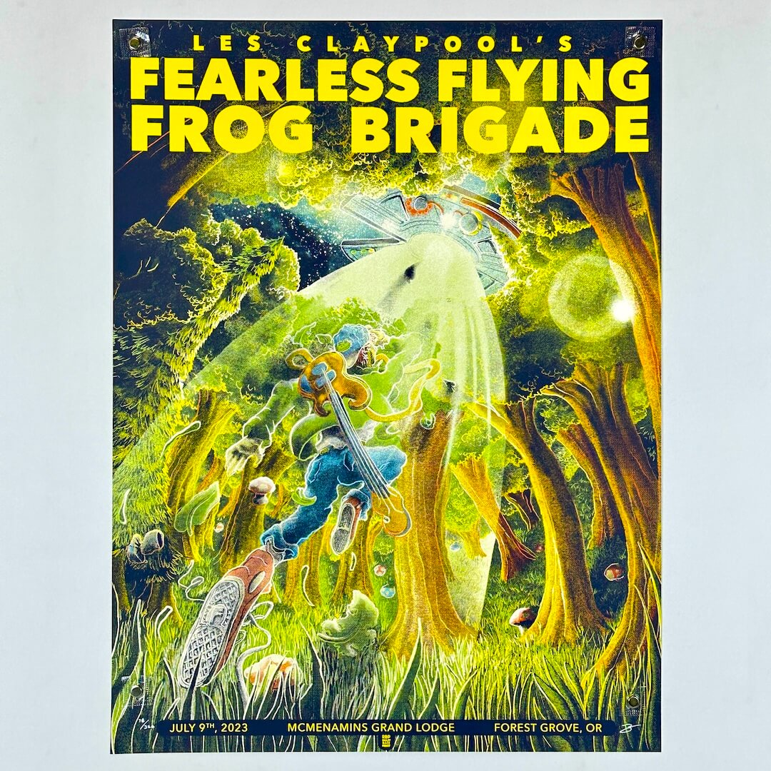 Colorful concert poster with someone being abducted by alien ship out of circle of trees. 