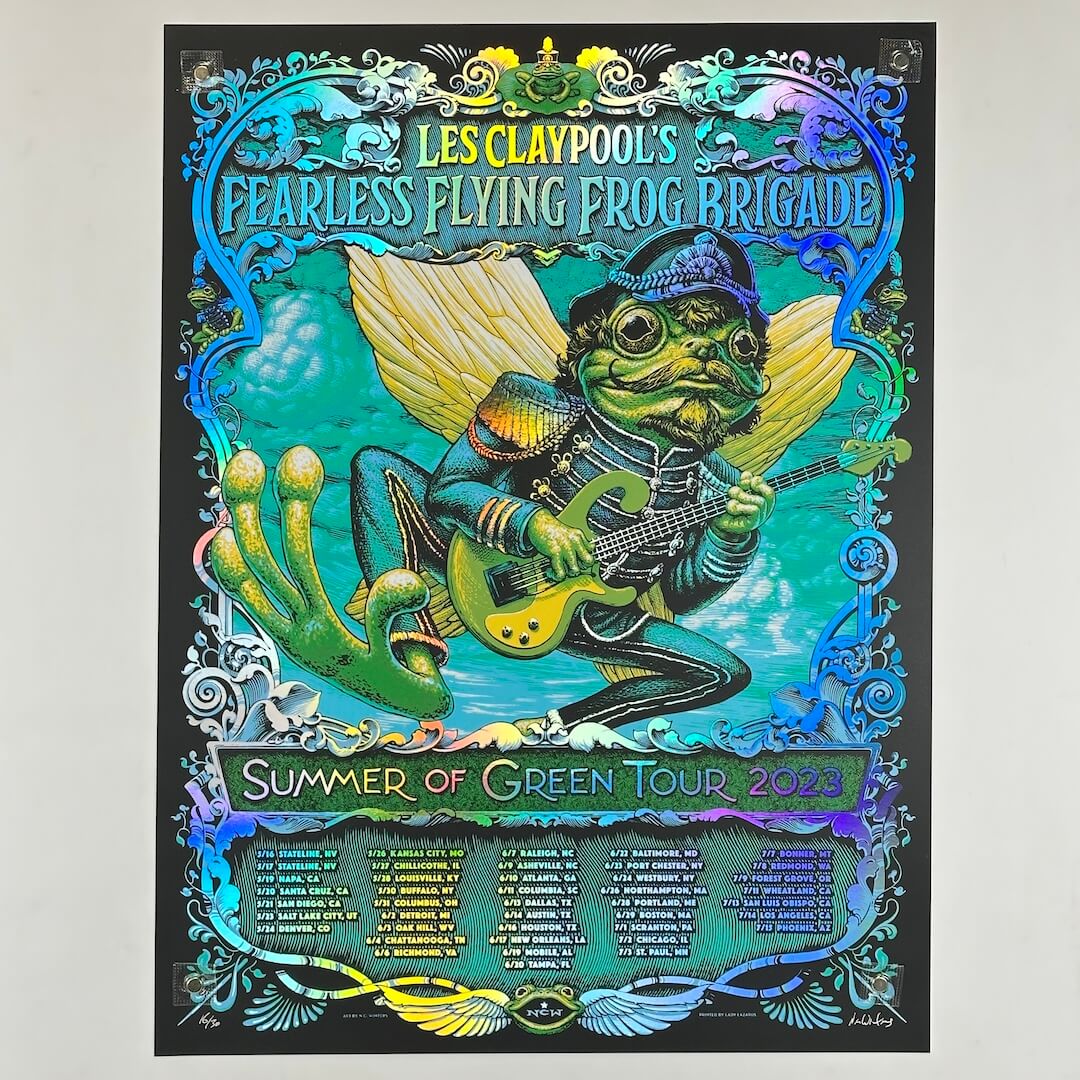 Colorful concert poster for Les Claypool's Fearless Flying Frog Brigade with a frog playing guitar.