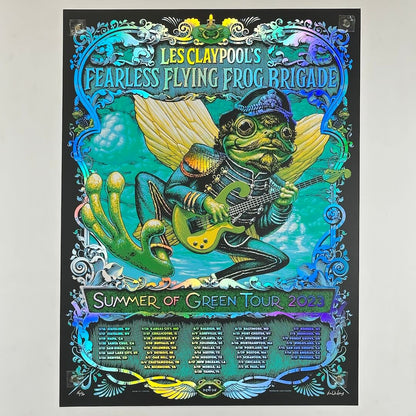 Colorful concert poster for Les Claypool's Fearless Flying Frog Brigade with a frog playing guitar.
