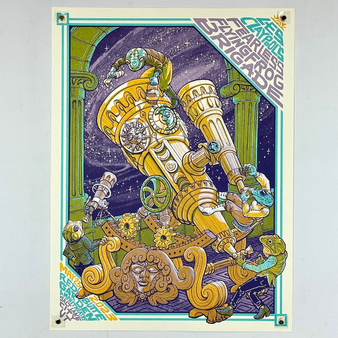 Colorful poster with a mechanical design and text on a white background