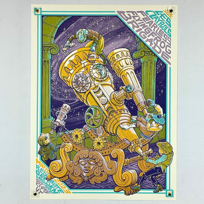 Colorful poster with a mechanical design and text on a white background