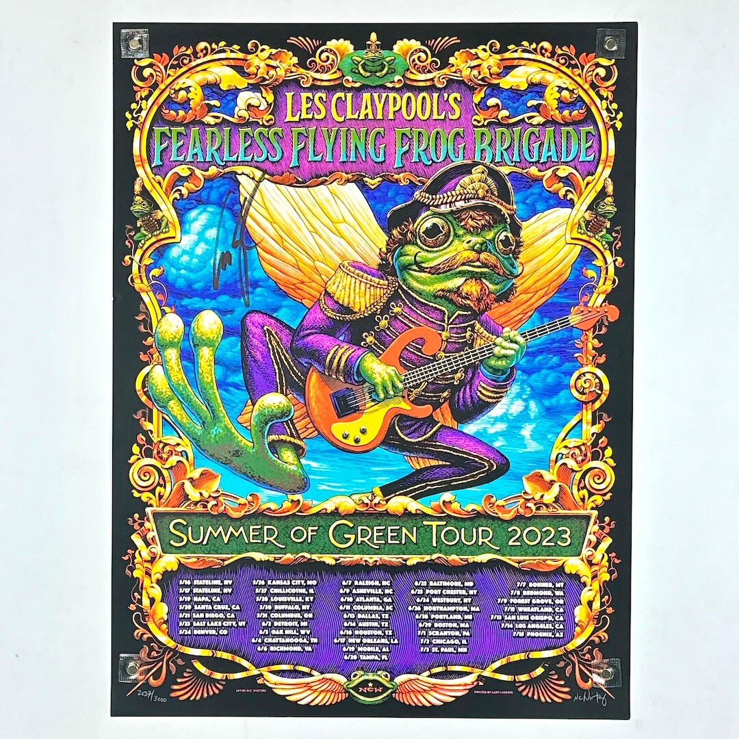 Colorful concert poster for Les Claypool's Fearless Flying Frog Brigade with a frog playing guitar.