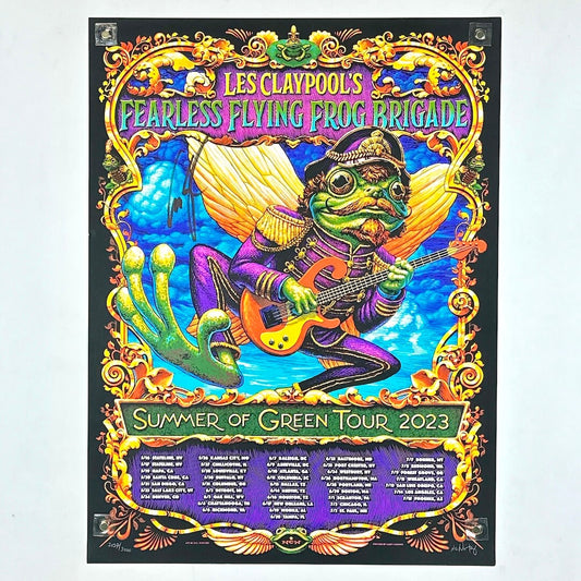 Colorful concert poster for Les Claypool's Fearless Flying Frog Brigade with a frog playing guitar.