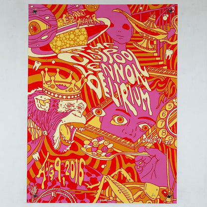 Colorful poster with abstract designs and text on a white background