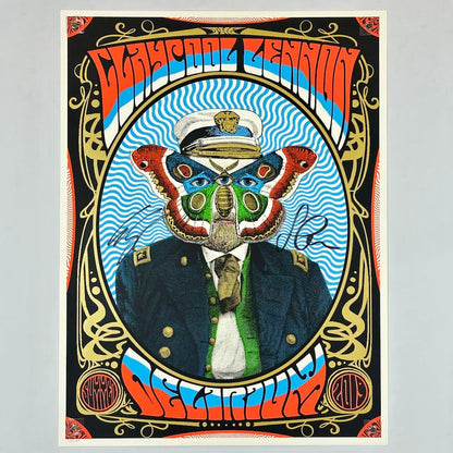 Colorful poster with a stylized character in a suit and hat, surrounded by abstract patterns and text.