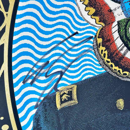 Close-up of a person in a military uniform with decorative elements and wavy blue pattern and signature. 