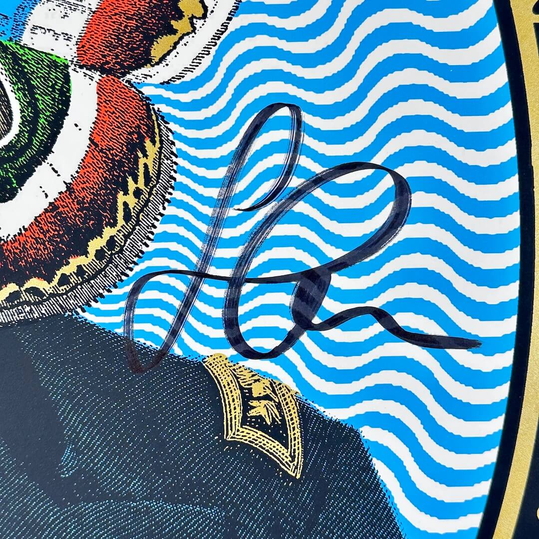 Close-up of a person in a military uniform with decorative elements and wavy blue pattern and signature. 