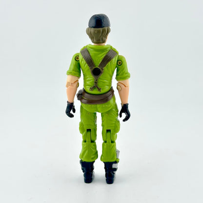 Female GI Joe action figure in green military uniform with brown and black accents, pictured on white background. 