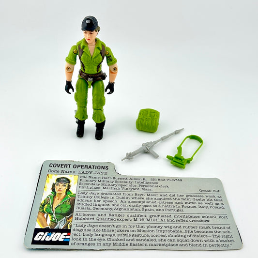 GI Joe action figure with accessories and character card against white background. 
