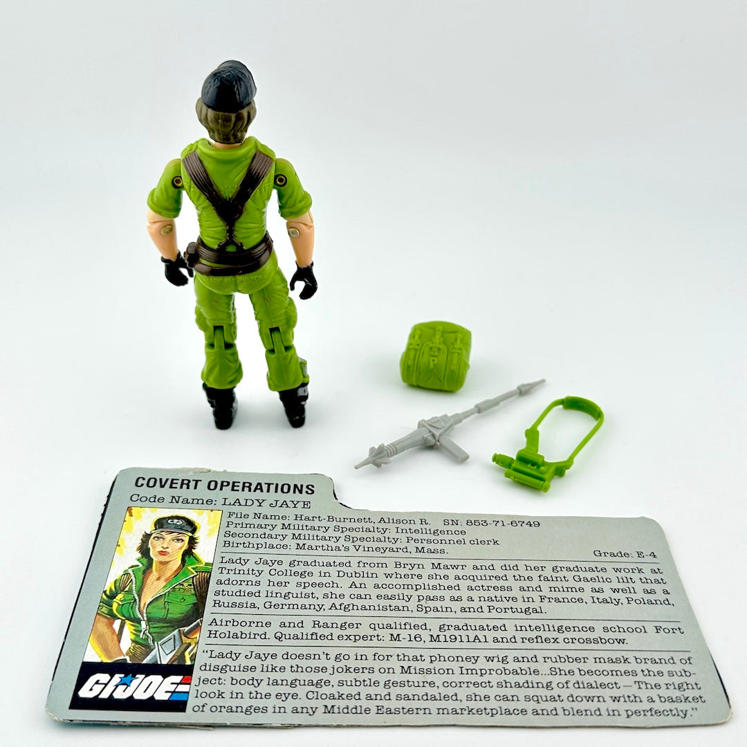 GI Joe action figure with accessories and character card against white background. 