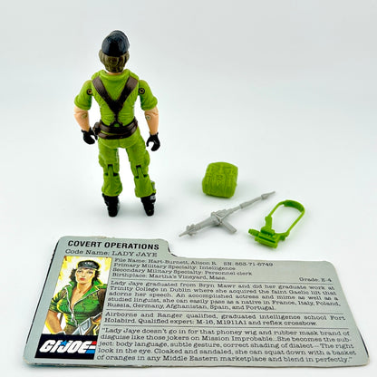 GI Joe action figure with accessories and character card against white background. 