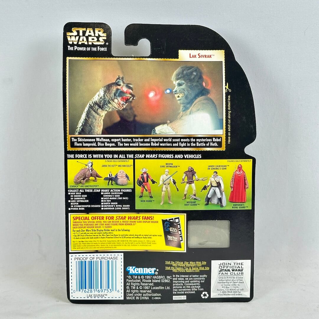 Star Wars action figure packaging with character images and text on a gray background