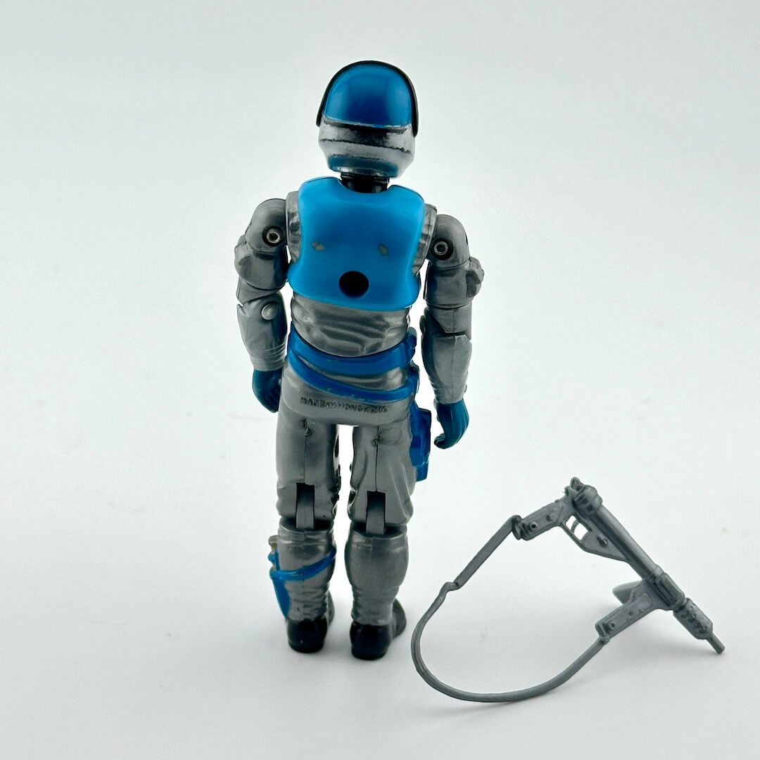 Toy figure of a robot with blue and gray color scheme on a white background