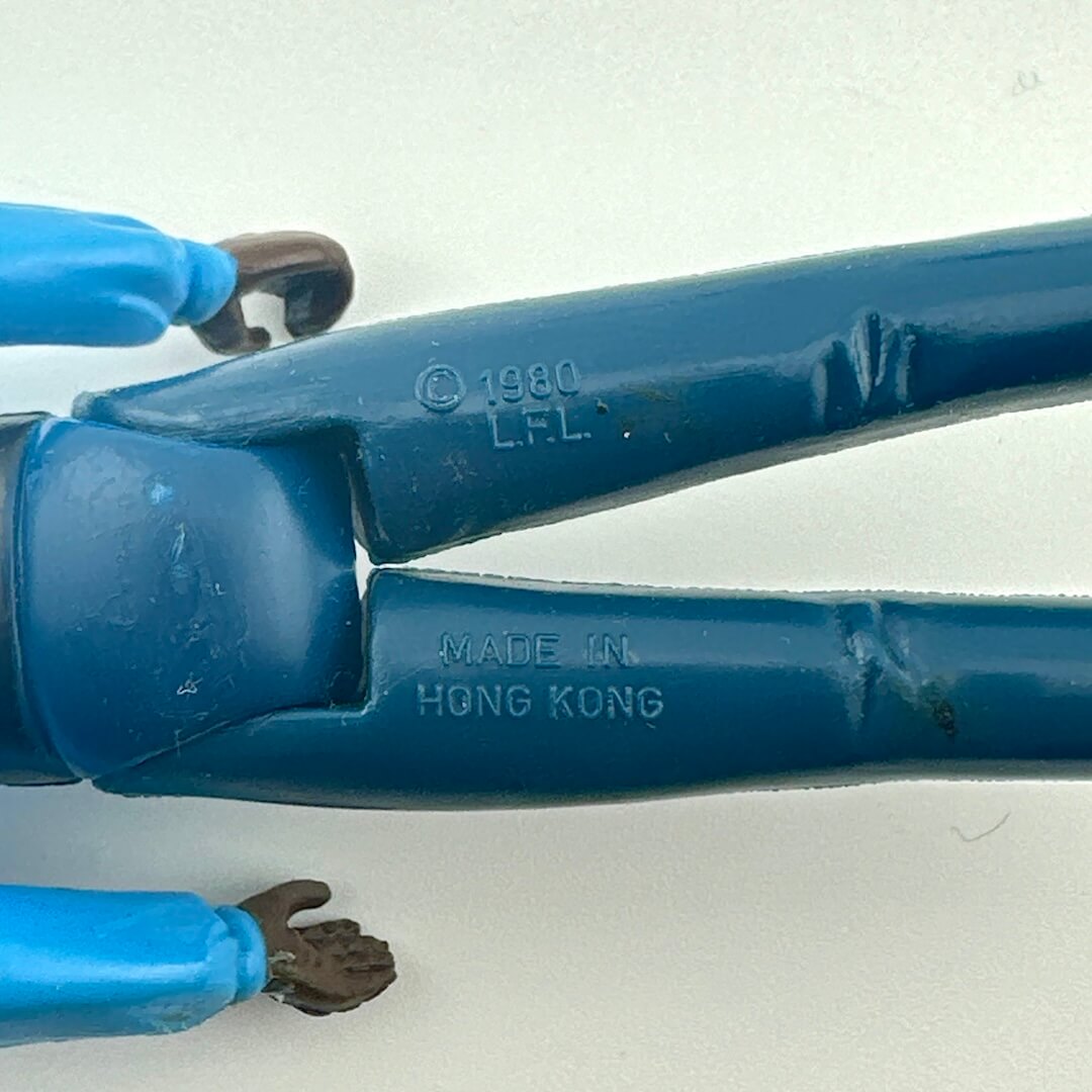 Close-up of back of figure's legs to show COO and copyright information. 