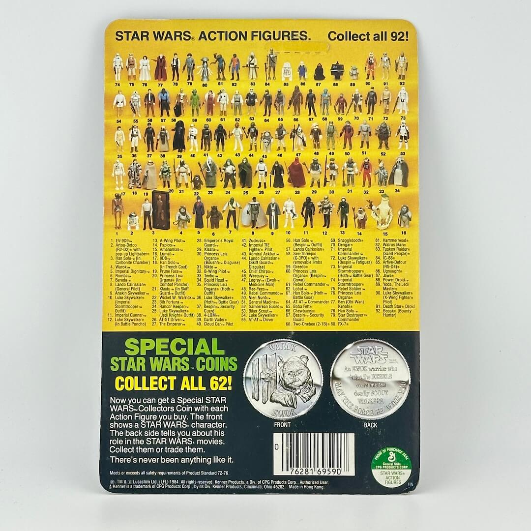 Back of a Star Wars action figure packaging with illustrations and text.