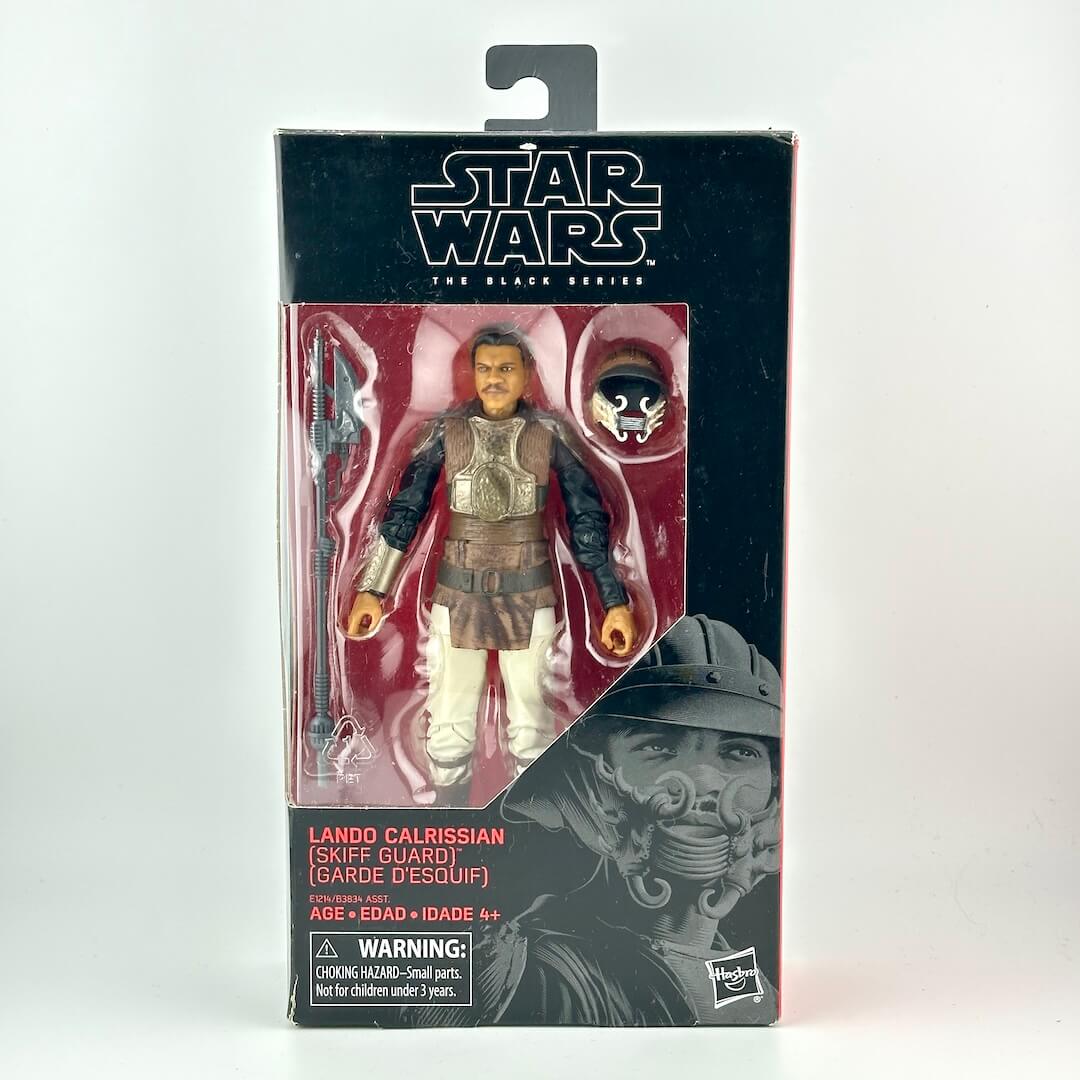 Star Wars The Black Series Lando Calrissian (Skiff Guard) action figure in its original window box packaging.