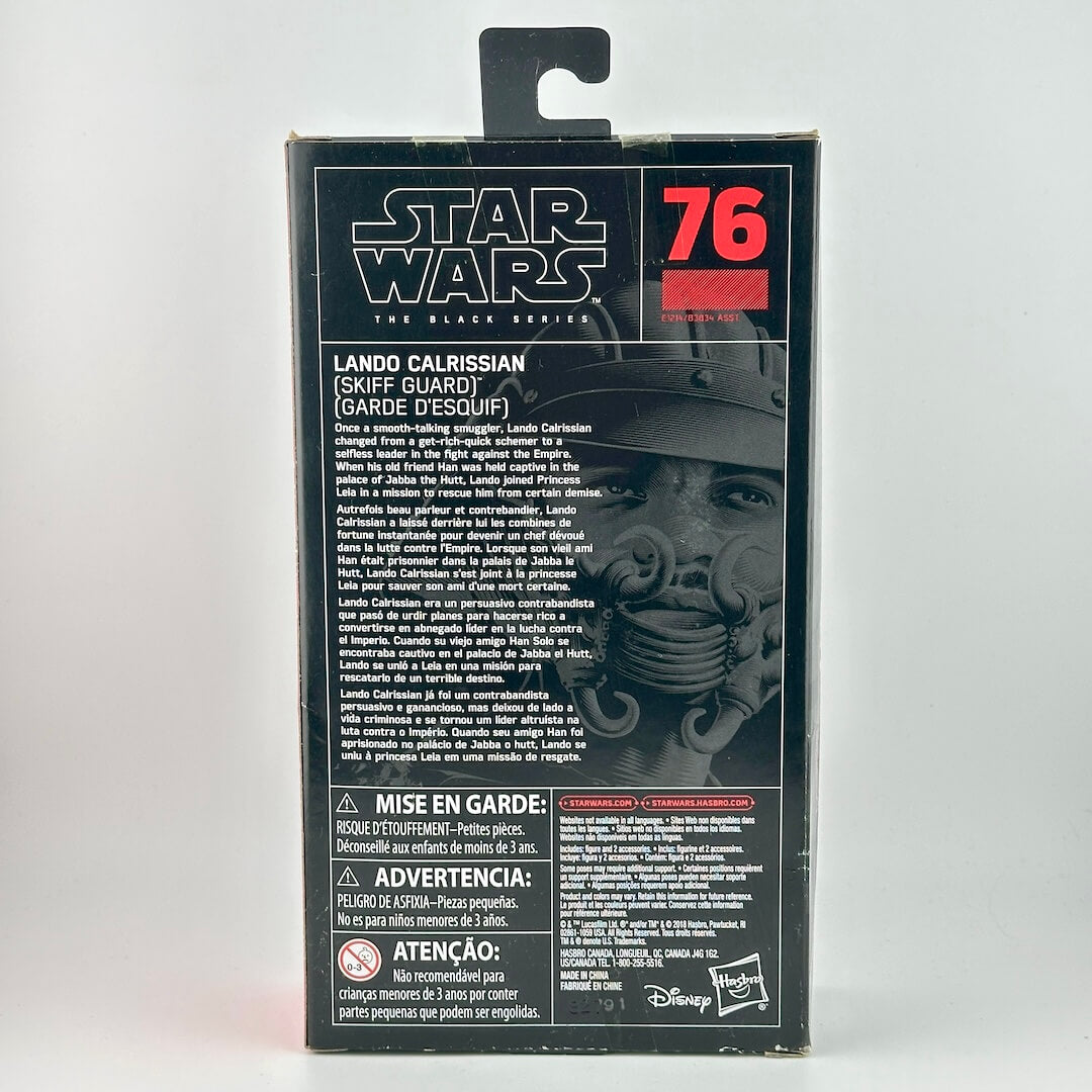 Star Wars The Black Series Lando Calrissian (Skiff Guard) #76 action figure back box packaging by Hasbro.