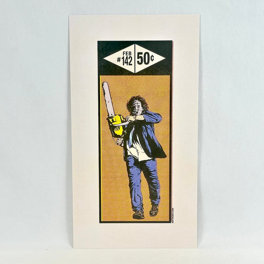 Art print featuring a illustrated figure holding a chainsaw, with a black header at the top that reads 'FEB #142 50c'.