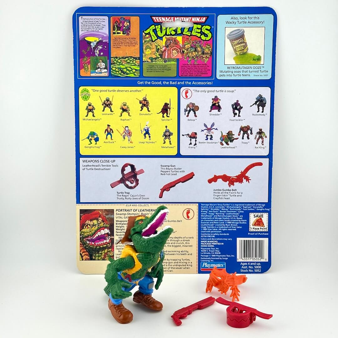 TMNT action figure with accessories with character card on white background. 