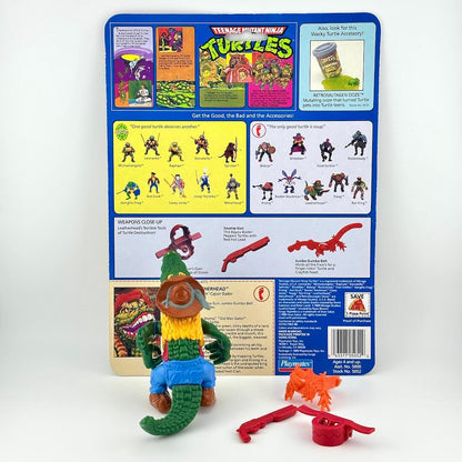 TMNT action figure with accessories with character card on white background. 