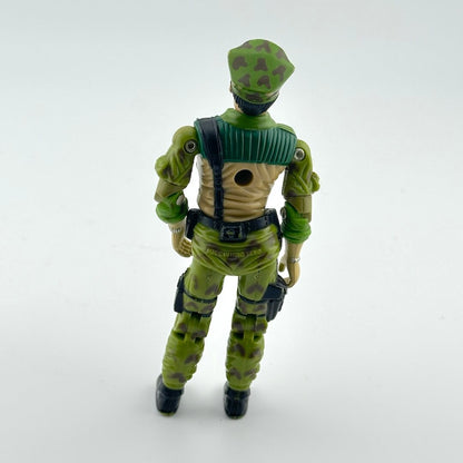 Green action figure with camouflage pattern on a white background