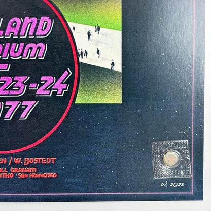 Bottom right corner of poster with penned date and no visible damage. 