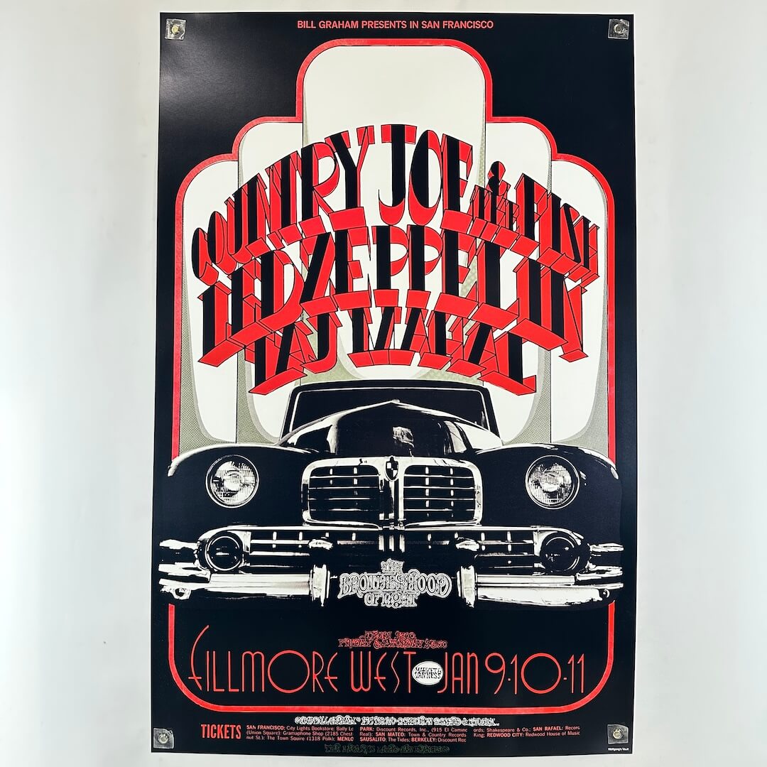 Vintage-style concert poster with a car illustration and red text on a black background.