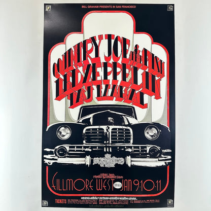 Vintage-style concert poster with a car illustration and red text on a black background.