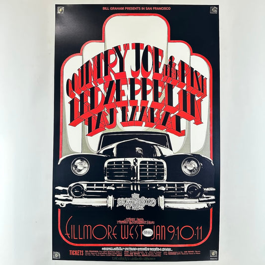 Vintage-style concert poster with a car illustration and red text on a black background.