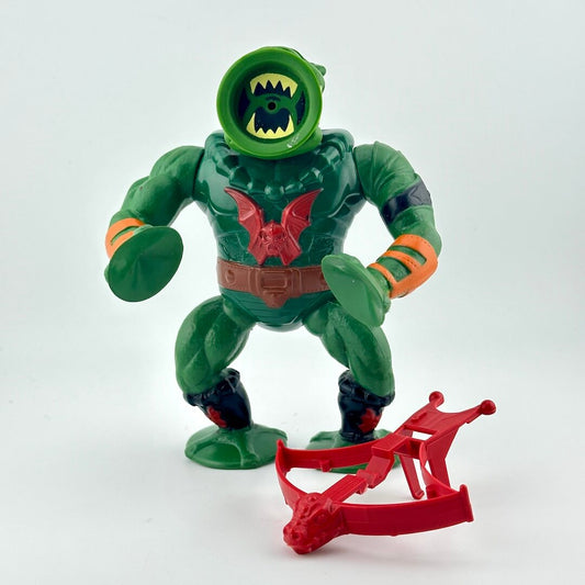 Green action figure with suction cups for hands pictured with red crossbow against white background.