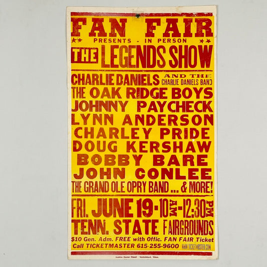Yellow background poster with red text detailing concert with multiple acts. 