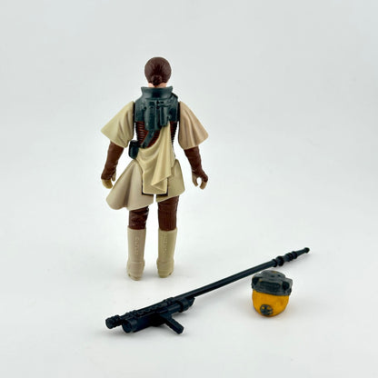 Back of Leia action figure on white background with two accessories. 