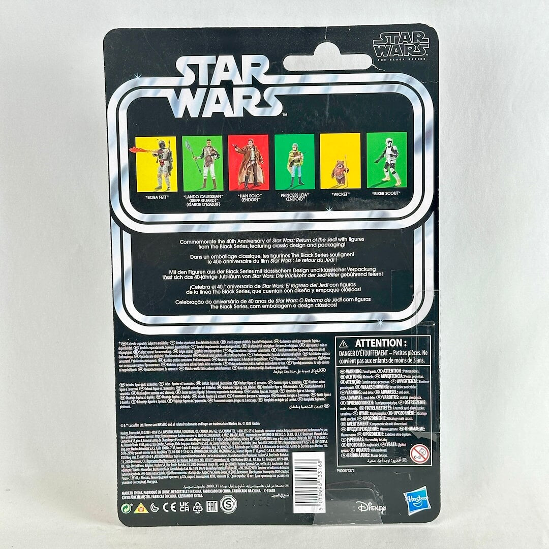 Star Wars action figure packaging back panel with other figure images, product information, and warning labels. 