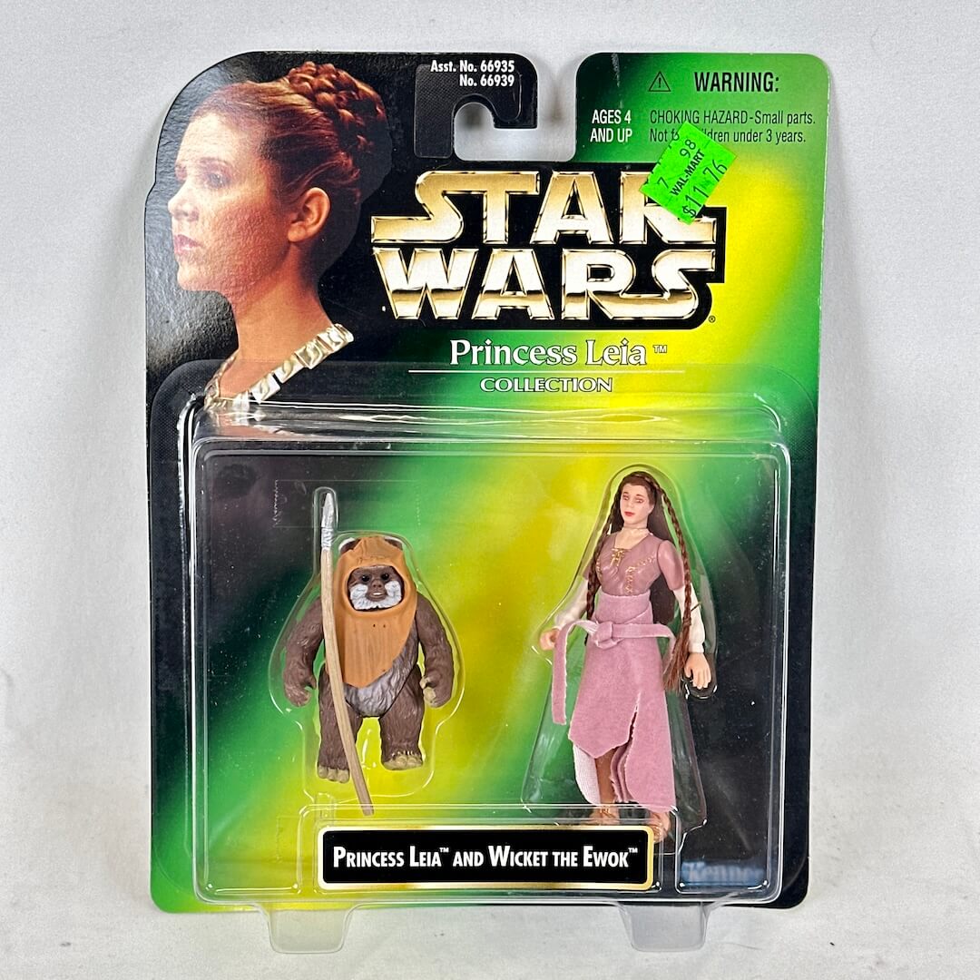 Star Wars Princess Leia action figure packaging with Wicket the Ewok on a gray background