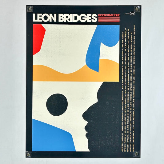 Leon Bridges concert poster with abstract shapes and text on a light gray background