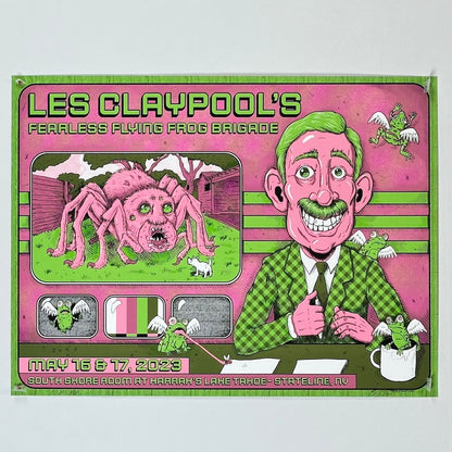 Green poster with light pink background. Man in green suit with pink spider next to him. Show text on bottom. 