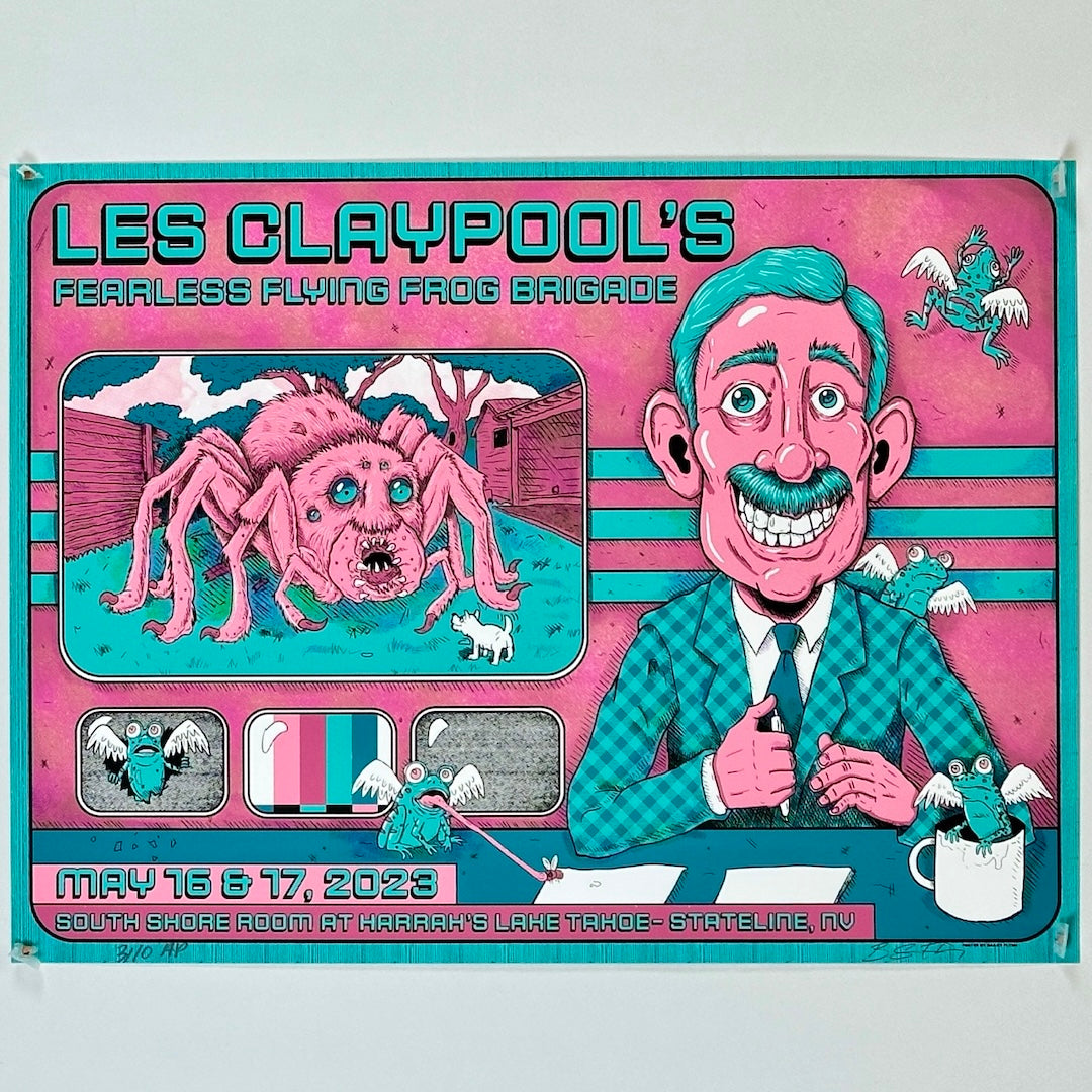 Blue poster with light pink background. Man in blue suit with pink spider next to him. Show text on bottom. 