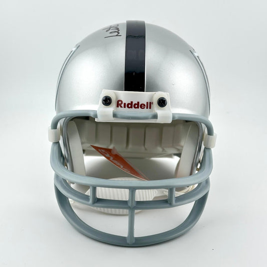 Silver football helmet with a black stripe and 'Riddell' branding on a white background