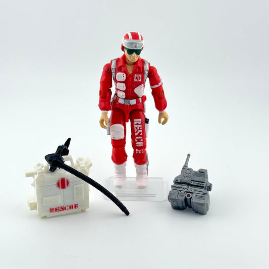 Toy figure in a red rescue suit with tools on a white background
