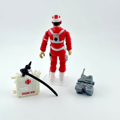 Toy figure in a red uniform with helmet, tools, and a 'Rescue' box on a white background