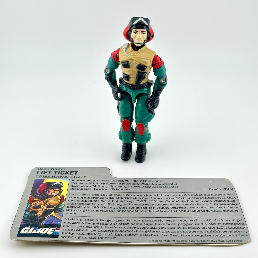 GI Joe action figure with card against white background. 