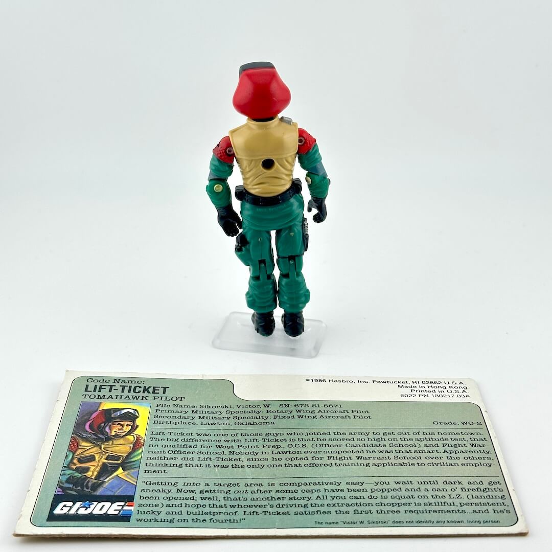 Back of GI Joe action figure with card against white background. 