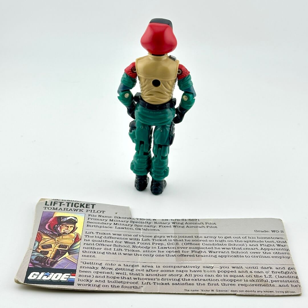 GI Joe action figure with character card against white background. 