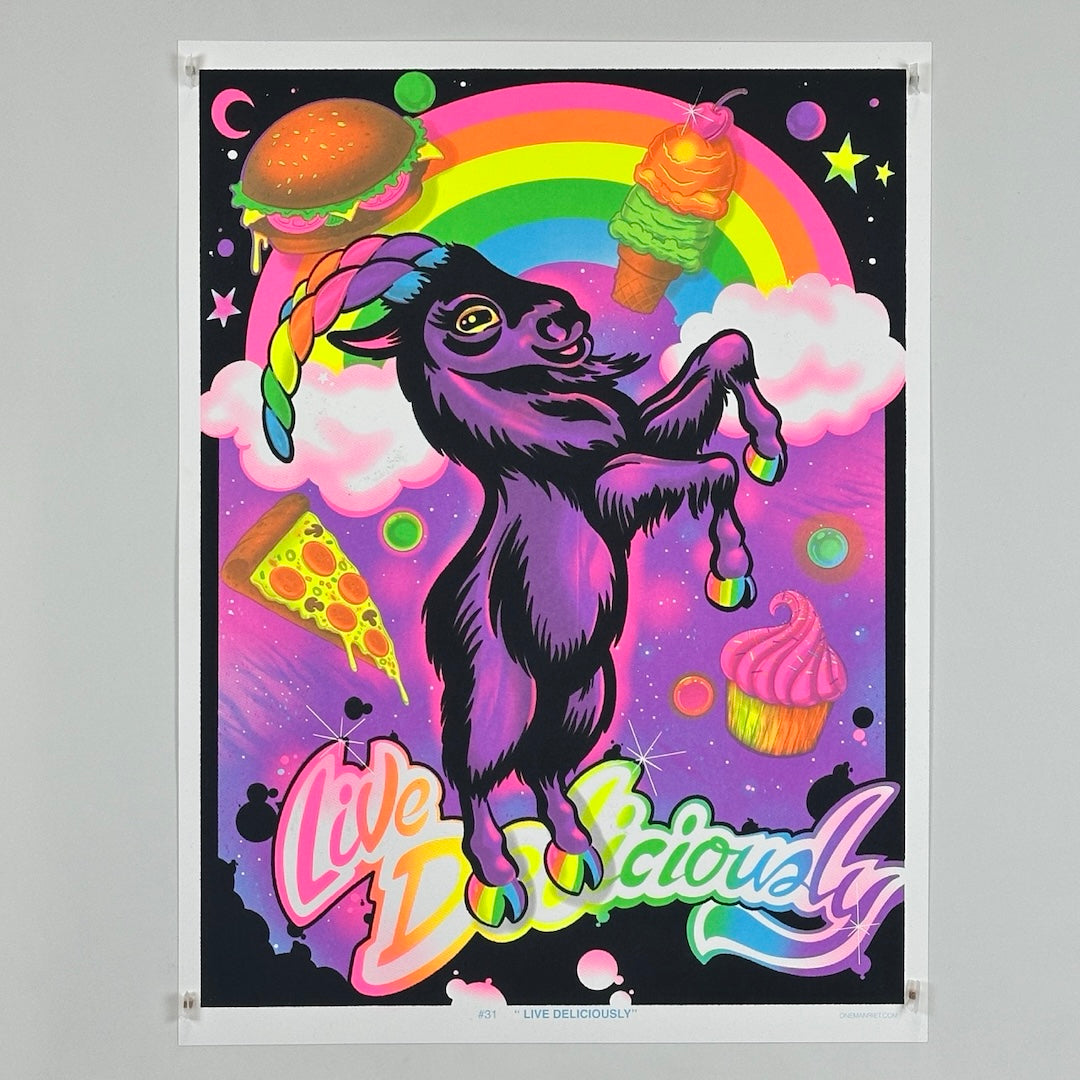 Colorful poster with a donkey, rainbow, and various foods on a black background.