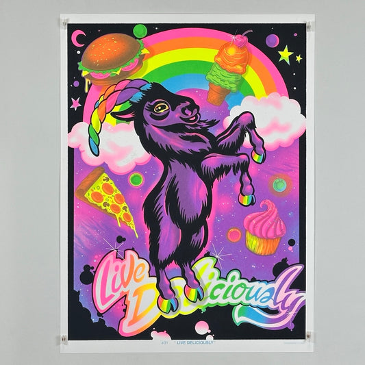 Colorful poster with a donkey, rainbow, and various foods on a black background.