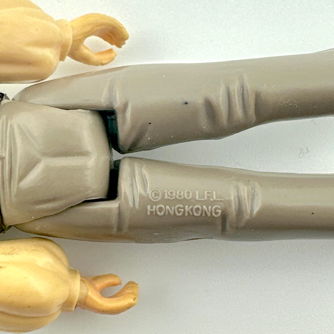 Close-up of back of figure's legs to show COO and copyright information. 