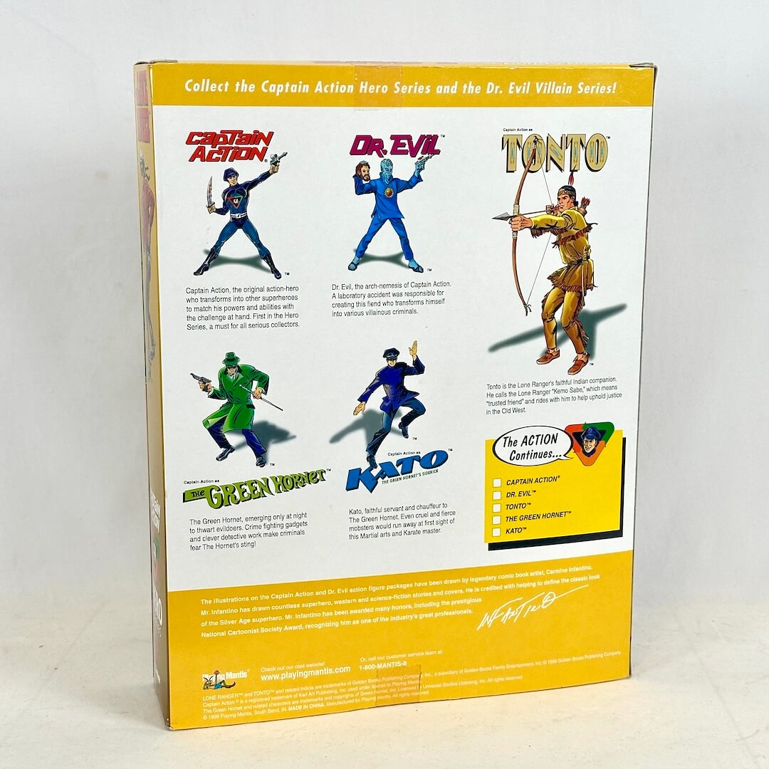Back of a toy action figure box featuring Captain Action, Dr. Evil, Tonto, and The Green Hornet.