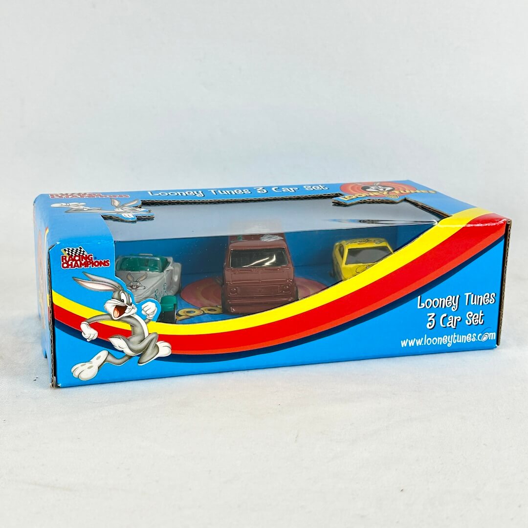 Looney Tunes 3 Car Set toy set in its original blue cardboard packaging, featuring three miniature toy cars.