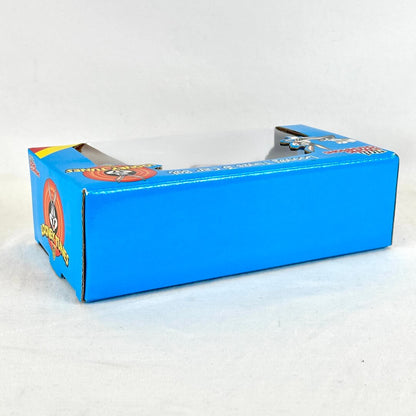 A blue cardboard display box with printed graphics and text, photographed on a plain light background.